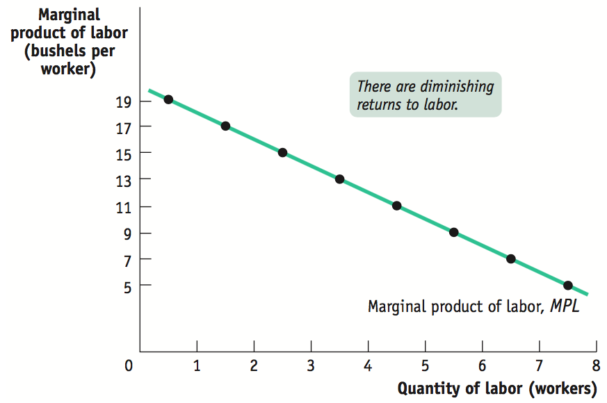 Marginal product of labor curve showing diminishing returns
