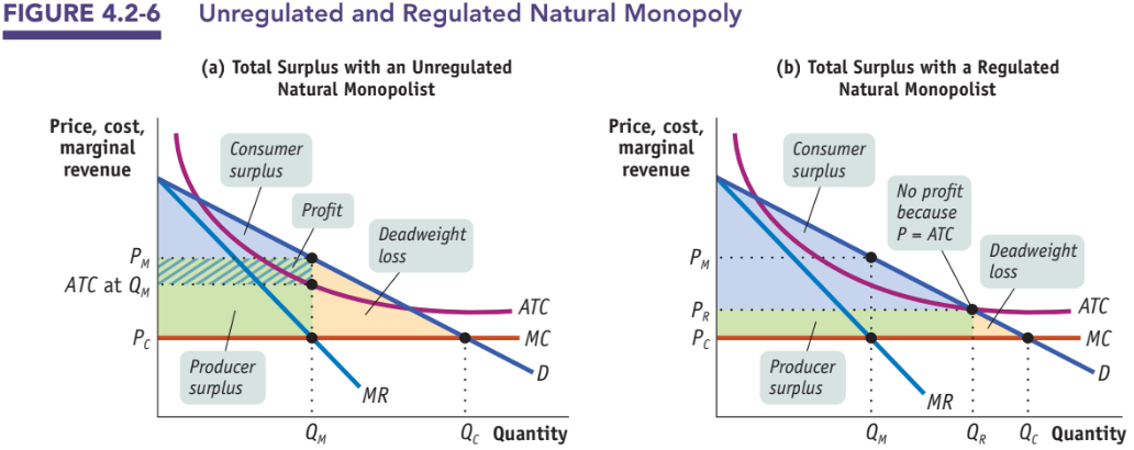 Figure 4.2-6: Unregulated and Regulated Natural Monopoly — two-panel comparison