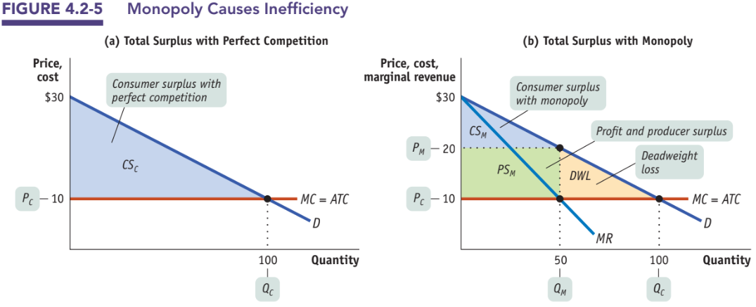 Figure 4.2-5: Monopoly Causes Inefficiency — perfect competition vs monopoly, with CS, PS, and deadweight loss shown
